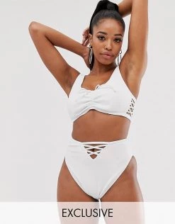 Wolf & Whistle Fuller Bust Exclusive Lace Up Side Crop Top In White Rib D - F Cup For Women -Women's Wolf & Whistle Sales 2022 unnamed file 127