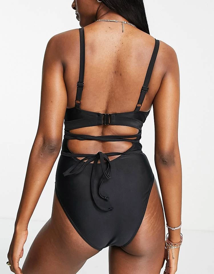 Wolf & Whistle Fuller Bust Exclusive High Leg Swimsuit With Tie Detail In Black For Women 2 Wolf & Whistle Fuller Bust Exclusive High Leg Swimsuit With Tie Detail In Black For Women - Image 2