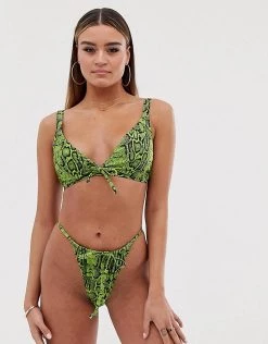 Wolf & Whistle Eco Exclusive High Rise Tie Front Tanga Bikini Bottom In Lime Snake For Women -Women's Wolf & Whistle Sales 2022 unnamed file 145