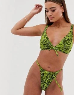 Wolf & Whistle Eco Exclusive High Rise Tie Front Tanga Bikini Bottom In Lime Snake For Women -Women's Wolf & Whistle Sales 2022 unnamed file 146