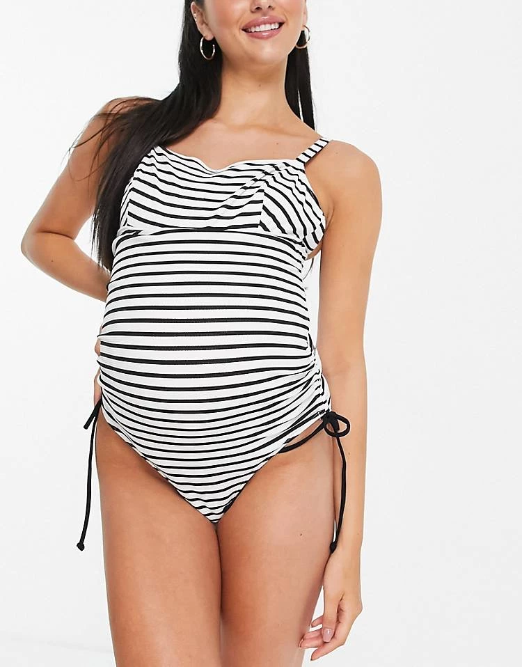 Wolf & Whistle Maternity Exclusive Striped Swimsuit With Side Ruching Detail In Stripe For Women 3 Wolf & Whistle Maternity Exclusive Striped Swimsuit With Side Ruching Detail In Stripe For Women - Image 3
