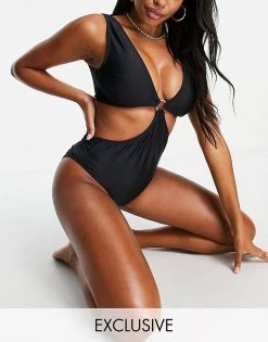 Wolf & Whistle Fuller Bust Exclusive Recycled Polyester Cut Out Swimsuit With Ring Detail In Black For Women