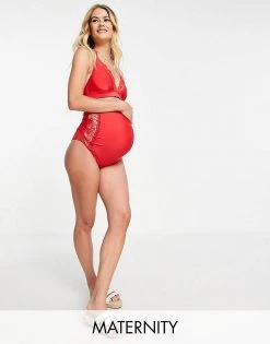 Wolf & Whistle Maternity Exclusive Plunge Lace Bikini Top In Red - RED
