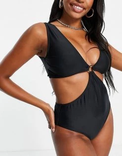 Wolf & Whistle Fuller Bust Exclusive Recycled Polyester Cut Out Swimsuit With Ring Detail In Black For Women -Women's Wolf & Whistle Sales 2022 unnamed file 240