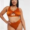 Wolf & Whistle Curve Exclusive Tie Front Crop Bikini Top In High Shine Rust For Women