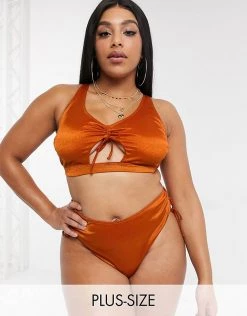 Wolf & Whistle Curve Exclusive Tie Front Crop Bikini Top In High Shine Rust For Women -Women's Wolf & Whistle Sales 2022 unnamed file 297
