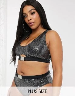 Wolf & Whistle Curve Exclusive Crop Bikini Top With Buckle Detail In Black Sparkle For Women