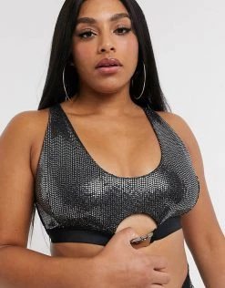 Wolf & Whistle Curve Exclusive Crop Bikini Top With Buckle Detail In Black Sparkle For Women -Women's Wolf & Whistle Sales 2022 unnamed file 300