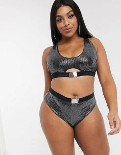 Wolf & Whistle Curve Exclusive Crop Bikini Top With Buckle Detail In Black Sparkle For Women -Women's Wolf & Whistle Sales 2022 unnamed file 301