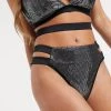 Wolf & Whistle Exclusive Strappy High Leg Bikini Bottom In Black Shimmer For Women