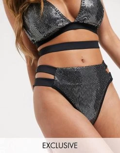 Wolf & Whistle Exclusive Strappy High Leg Bikini Bottom In Black Shimmer For Women