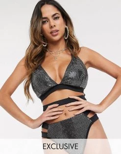 Wolf & Whistle Fuller Bust Exclusive Strappy Triangle Bikini Top In Black Shimmer D-F For Women -Women's Wolf & Whistle Sales 2022 unnamed file 354