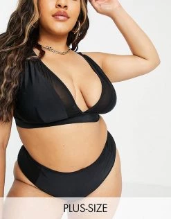 Wolf & Whistle Curve Exclusive Plunge Bikini Top With Mesh Inserts In Black For Women