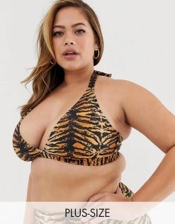 Wolf & Whistle Curve Exclusive Eco Triangle Bikini Top In Tiger Print For Women