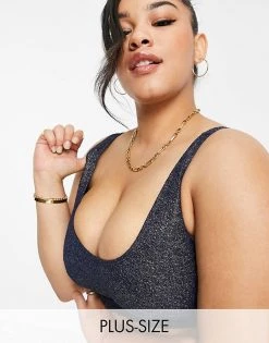 Wolf & Whistle Curve Exclusive Crop Bikini Top In Glitter Navy For Women Metallic Navy