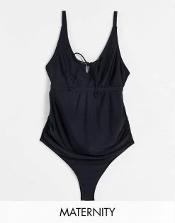 Wolf & Whistle Maternity Exclusive Swimsuit With Tie Detail In Black For Women