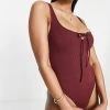 Wolf & Whistle Fuller Bust Exclusive High Leg Swimsuit In Maroon D-F For Women Red