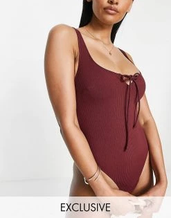 Wolf & Whistle Fuller Bust Exclusive High Leg Swimsuit In Maroon D-F For Women Red