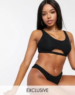 Wolf & Whistle Fuller Bust Exclusive Cut Out Crop Bikini Top In Animal Texture D-F For Women Black