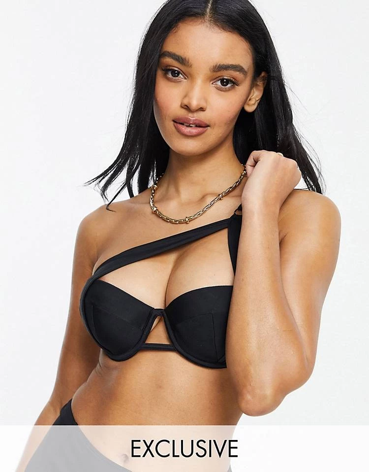 Wolf & Whistle Exclusive Fuller Bust One Shoulder Bikini In Black 2 Wolf & Whistle Exclusive Fuller Bust One Shoulder Bikini In Black - Image 2