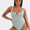 Wolf & Whistle Fuller Bust Exclusive V-cut Swimsuit In Metallic Mint Rib D-F For Women