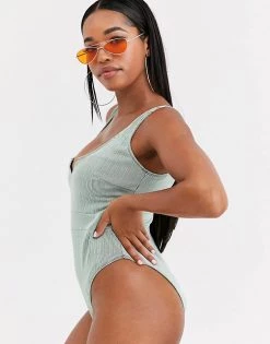 Wolf & Whistle Fuller Bust Exclusive V-cut Swimsuit In Metallic Mint Rib D-F For Women -Women's Wolf & Whistle Sales 2022 unnamed file 520