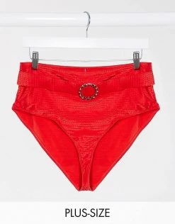 Wolf & Whistle Curve Exclusive Belt Detail High Waist Bikini Bottom In Red For Women