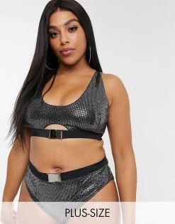 Wolf & Whistle Curve Exclusive High Waist Bikini Bottom With Buckle Detail In Black Sparkle For Women