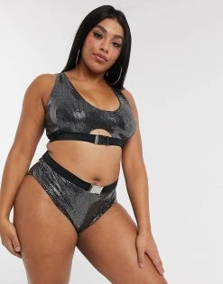 Wolf & Whistle Curve Exclusive High Waist Bikini Bottom With Buckle Detail In Black Sparkle For Women -Women's Wolf & Whistle Sales 2022 unnamed file 585