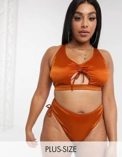 Wolf & Whistle Curve Exclusive Tie Side High Waist Bikini Bottom In High Shine Rust For Women