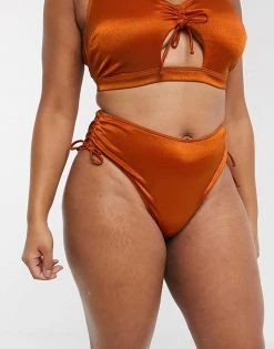 Wolf & Whistle Curve Exclusive Tie Side High Waist Bikini Bottom In High Shine Rust For Women -Women's Wolf & Whistle Sales 2022 unnamed file 589
