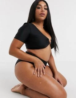 Wolf & Whistle Curve Exclusive T-shirt Bikini Top With Ring Detail In Black Texture For Women -Women's Wolf & Whistle Sales 2022 unnamed file 595