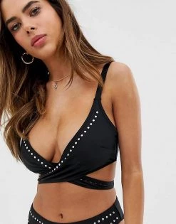 Wolf & Whistle Fuller Bust Exclusive Eco Studded Wrap Bikini Top In Black For Women -Women's Wolf & Whistle Sales 2022 unnamed file 604