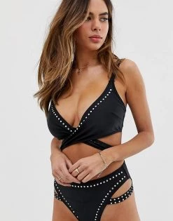 Wolf & Whistle Fuller Bust Exclusive Eco Studded Wrap Bikini Top In Black For Women -Women's Wolf & Whistle Sales 2022 unnamed file 606