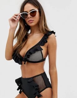 Wolf & Whistle Fuller Bust Exclusive Eco Ruffle Bikini Top In Black For Women