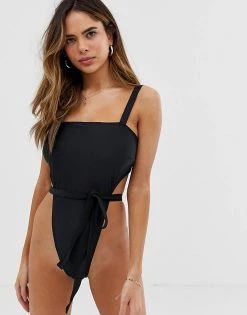 Wolf & Whistle Fuller Bust Exclusive Eco High Leg Belted Swimsuit In Black For Women