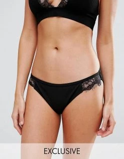 Wolf & Whistle Exclusive Lace Trim Bikini Bottom In Black For Women