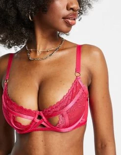 Wolf & Whistle Fuller Bust Lace Overlay Cut-out Front Detail Bra In Hot Pink For Women -Women's Wolf & Whistle Sales 2022 unnamed file 743