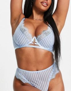 Wolf & Whistle Fuller Bust Stripe Mesh Lace Lingerie Set In Blue