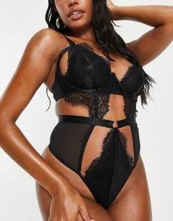 Wolf & Whistle Fuller Bust Lace And Mesh Strappy Body In Black For Women