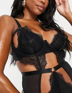 Wolf & Whistle Fuller Bust Lace And Mesh Strappy Body In Black For Women -Women's Wolf & Whistle Sales 2022 unnamed file 804