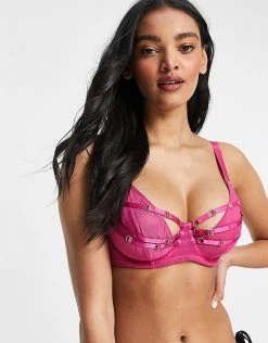 Wolf & Whistle Fuller Bust Sheer Spot Mesh Bra With Strapping Detail In Fuschia For Women -Women's Wolf & Whistle Sales 2022 unnamed file 810