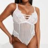 Wolf & Whistle Fuller Bust Stripe Mesh Lace Body With Strappy Cut Out Detail In White For Women