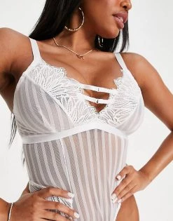 Wolf & Whistle Fuller Bust Stripe Mesh Lace Body With Strappy Cut Out Detail In White For Women -Women's Wolf & Whistle Sales 2022 unnamed file 819