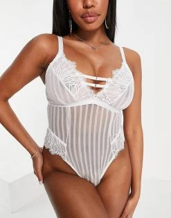 Wolf & Whistle Fuller Bust Stripe Mesh Lace Body With Strappy Cut Out Detail In White For Women -Women's Wolf & Whistle Sales 2022 unnamed file 820