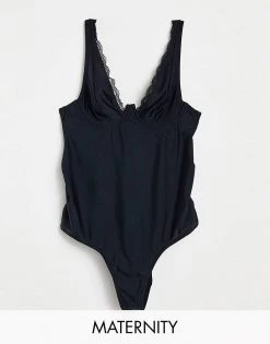 Wolf & Whistle Maternity Exclusive Swimsuit With Lace Trim Detail In Black For Women